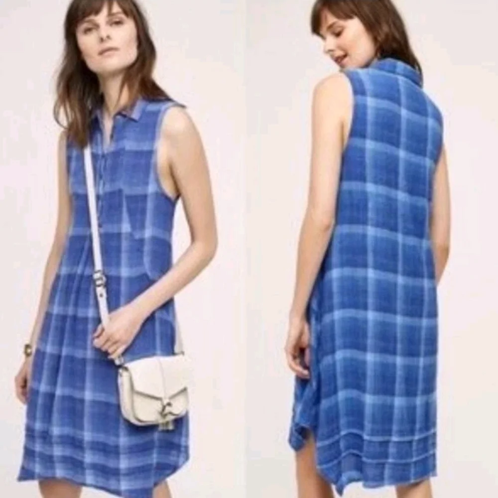 Isabella Sinclair Anthropologie Linen Plaid Shirt Dress Womens Small Blue
